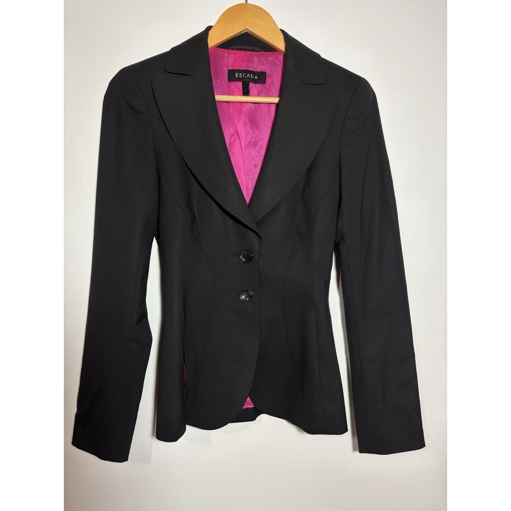 Escada Blazer Womens 32/2 Black Virgin Wool Pink Lining 2-Button Tailored Jacket
